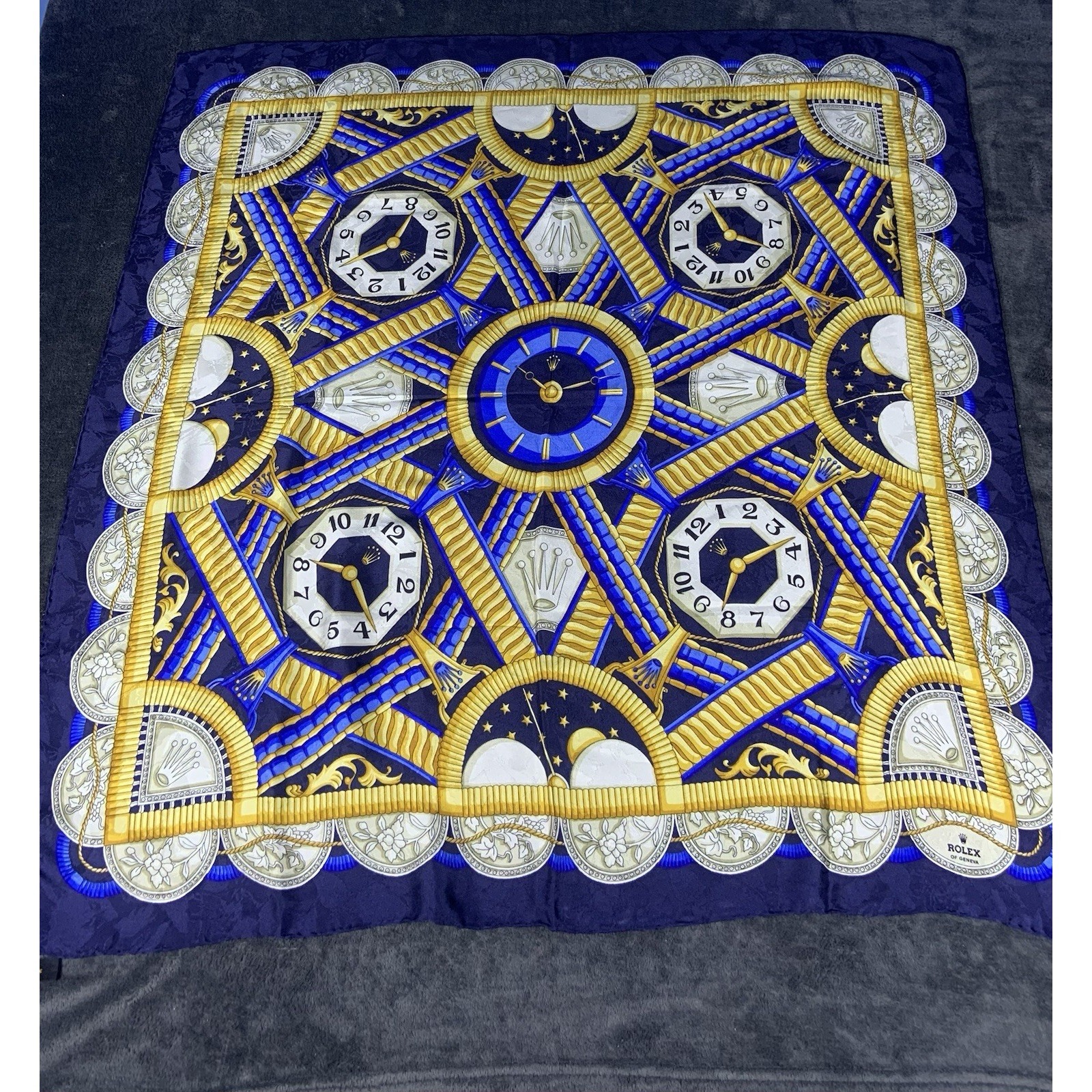 Rare Vintage Rolex Of Geneva Italian Made Silk Scarf Blue And Gold 34 Inches
